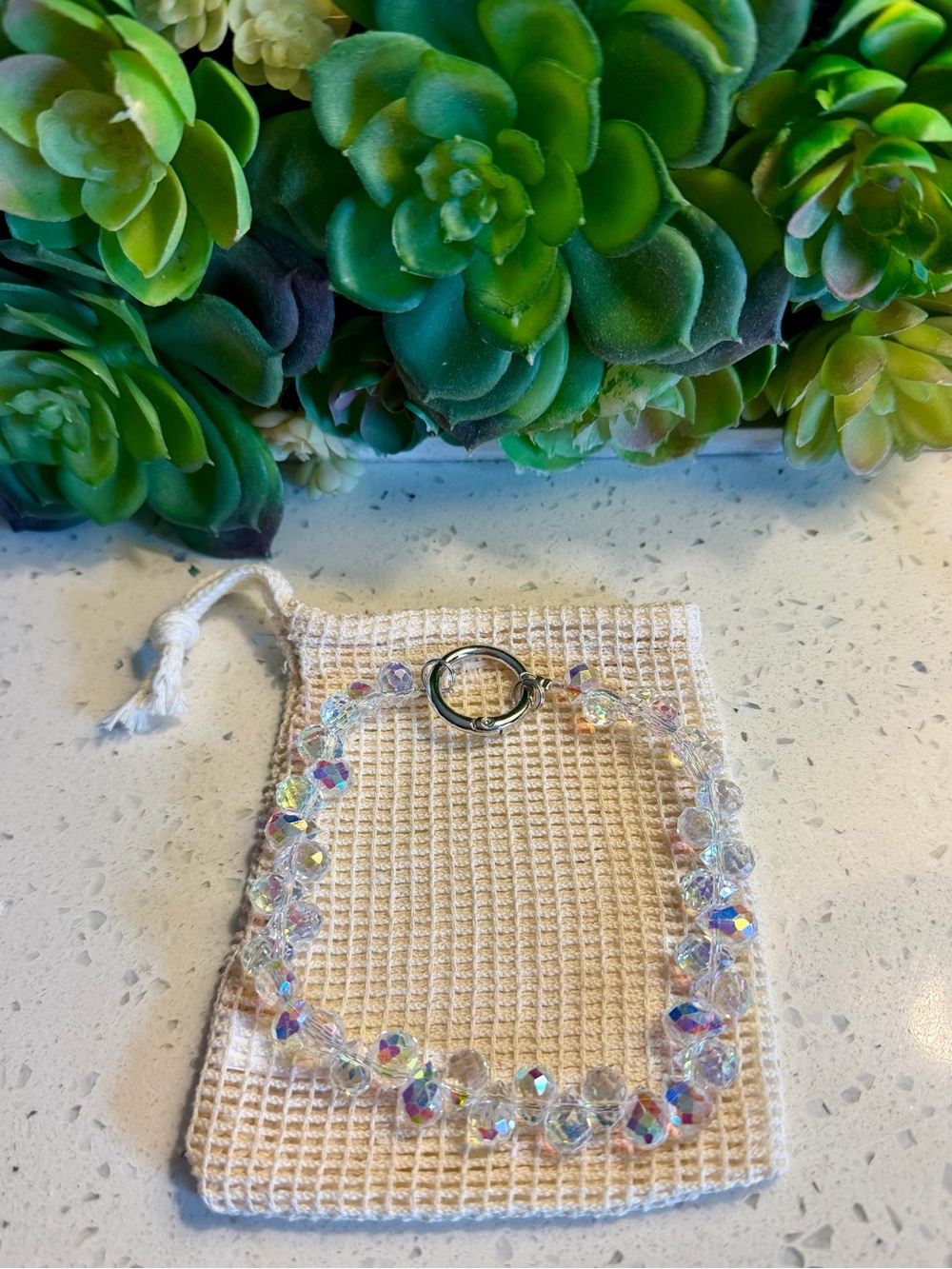 Swarovski Aurora Borealis Crystal Bead phone wristlet with Silver Ring Clasp